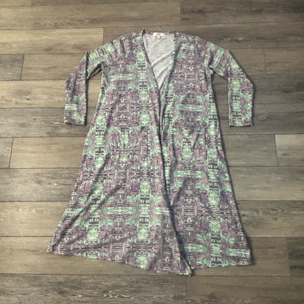 LuLaRoe Sarah Cardigan Sz L Green Purple Stretchy Lagenlook Duster Boho Hippie